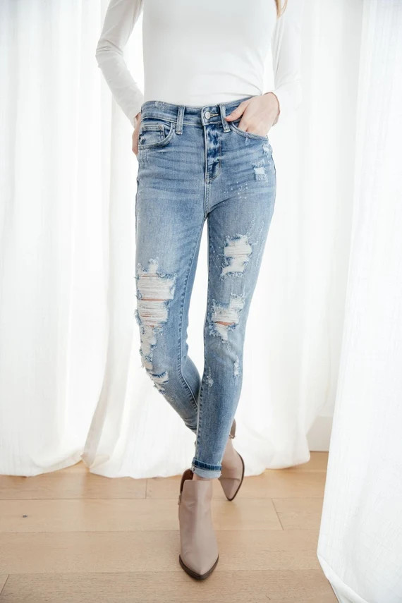 Bleach Splash Destroyed Skinny Jeans Judy Blue  Mid-rise | Etsy | Etsy (US)