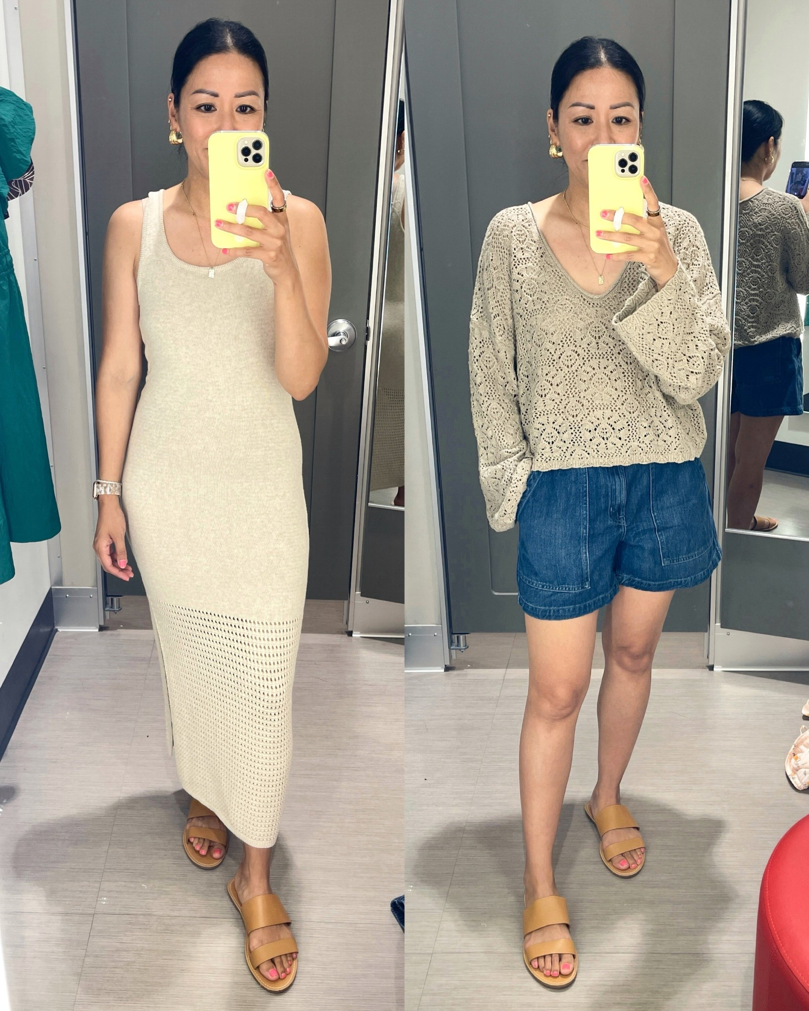 Size XS dress
Size large sweater 
Size small shorts
Sandals (old) are true to size

