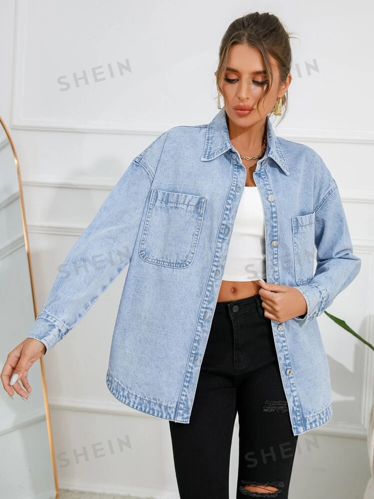 SHEIN Essnce Drop Shoulder Pocket Patched Denim Shirt | SHEIN