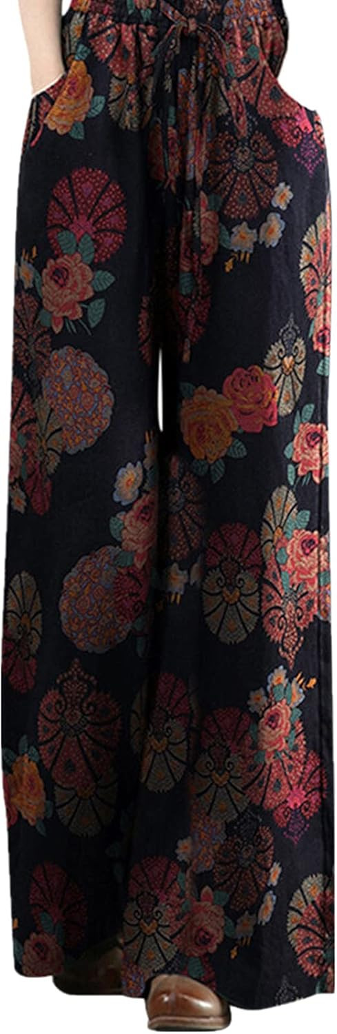 Wide Leg Pants,Misaky Women Plus Size Floral Print Tightness Cotton Linen Trousers Pants Summer B... | Amazon (US)