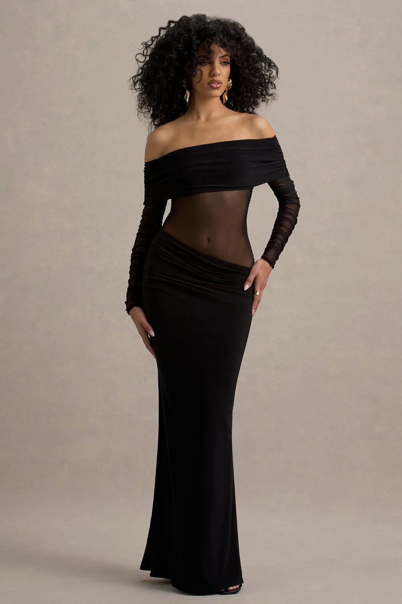 Belamour  Black Semi-Sheer Bardot Gathered Maxi Dress | Club L London
