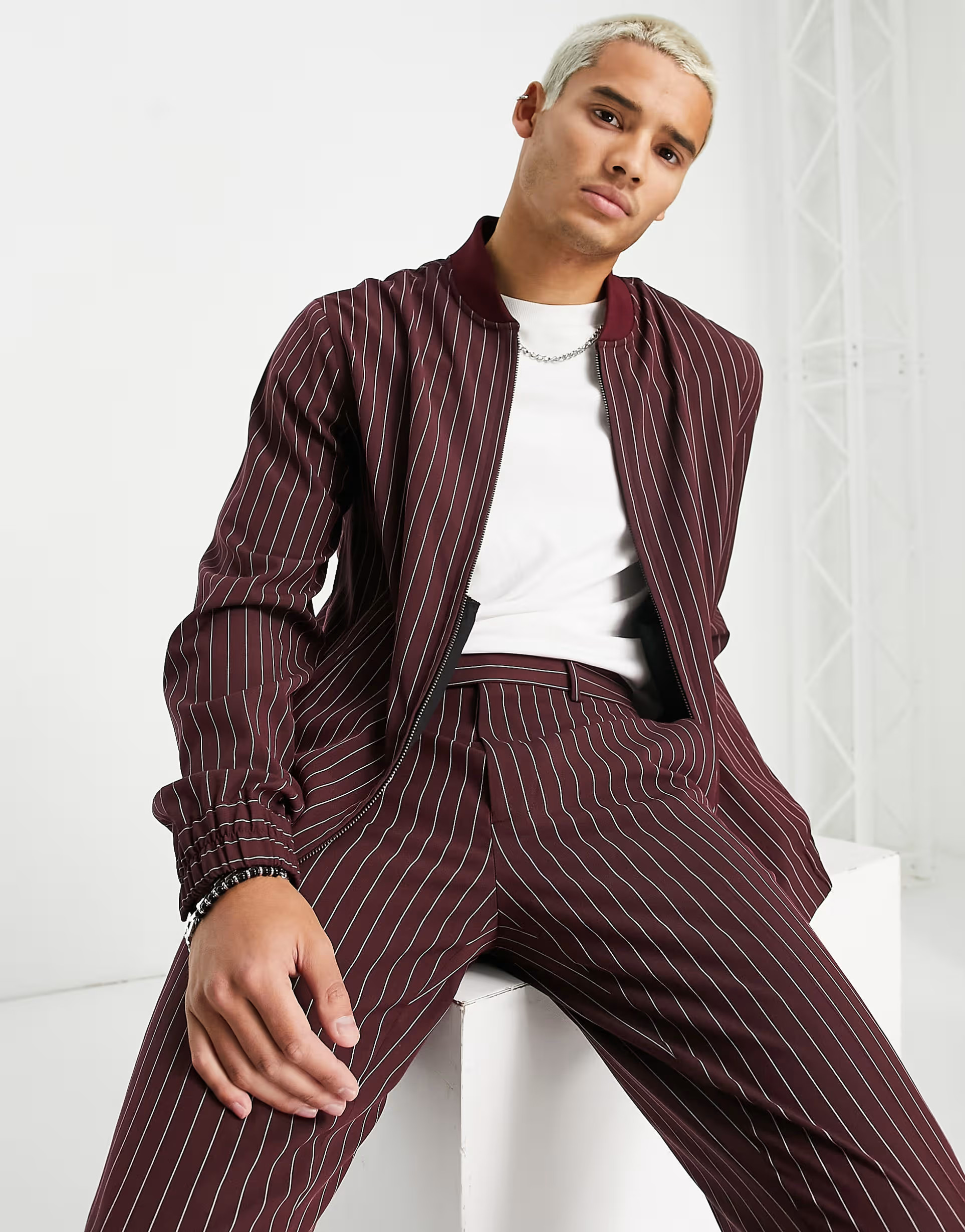 ASOS DESIGN smart bomber jacket in burgundy pinstripe - part of a set | ASOS (Global)