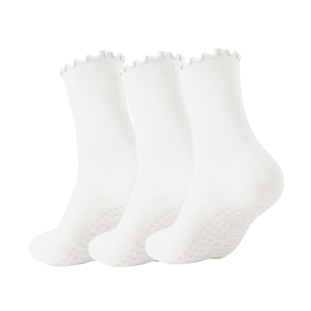 3 Pairs Pilates Socks with Grips Non-slip Ruffle Yoga Sock Grip Sock for Women | Amazon (US)