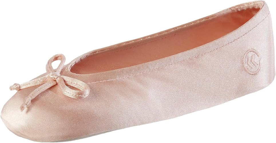 Isotoner Women's Satin Ballerina Slippers with Classic Ribbon Bow and Suede Sole | Amazon (US)