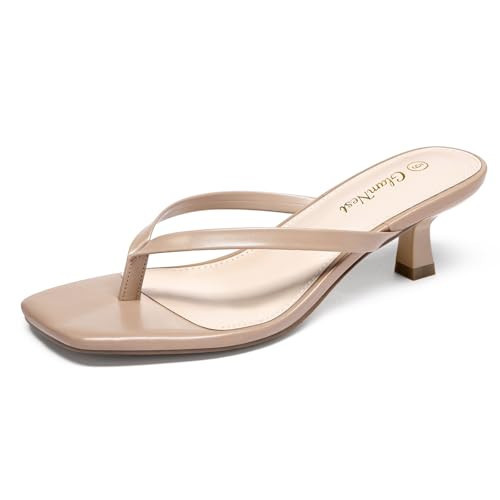 Glamnest Nude Kitten Heels Square Open Toe Thong Flip Flop Kitten Heel Sandals for Women Comfortable 2 Inch Low Heeled Sandals for Daily Summer Wear Wedding Size 9 | Amazon (US)