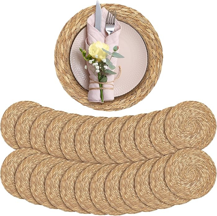 Aneco 24 Pack 12-Inch Round Woven Placemats Natural Hand-Woven Boho Rattan Wicker Bulrush Placema... | Amazon (US)
