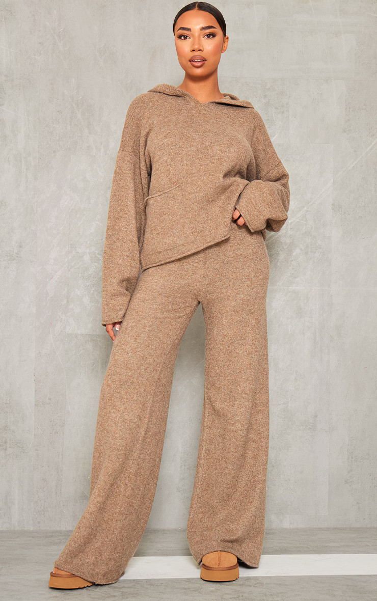 Tall Taupe Luxe Knit Wide Leg Trousers | PrettyLittleThing UK