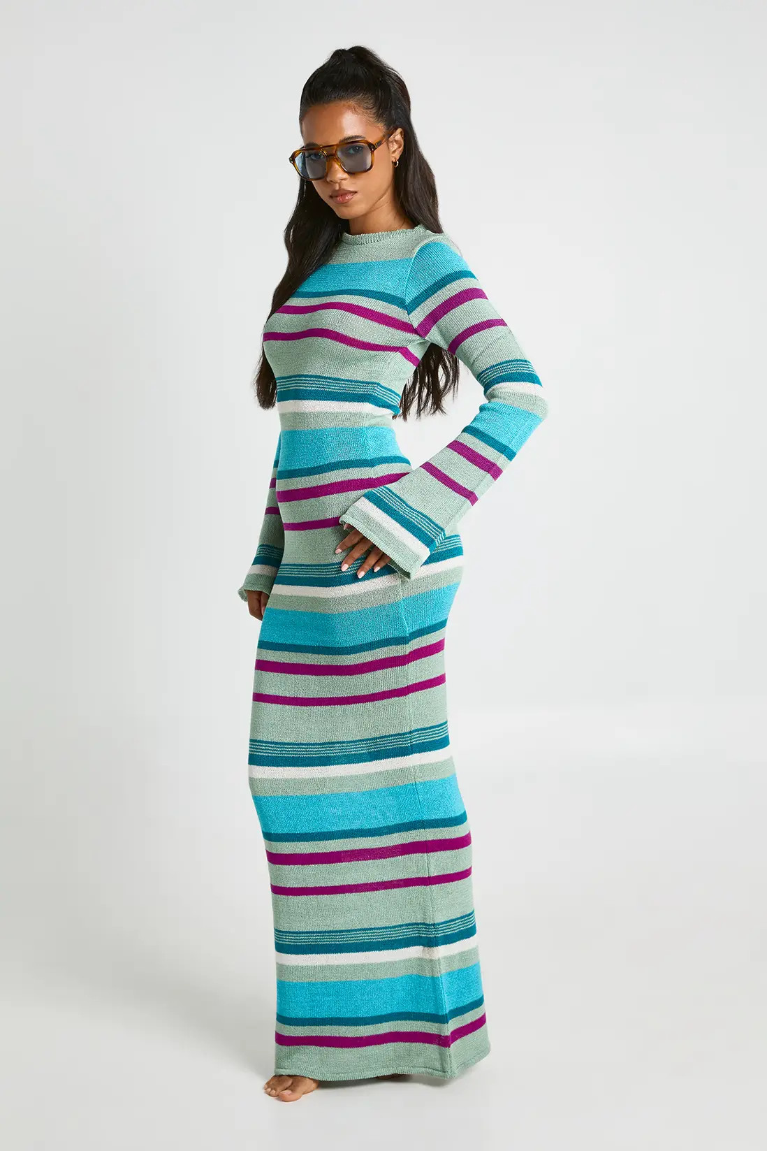 Sage boohoo Slash Neck Long Sleeve Knitted Maxi Dress | PrettyLittleThing USA | PrettyLittleThing US