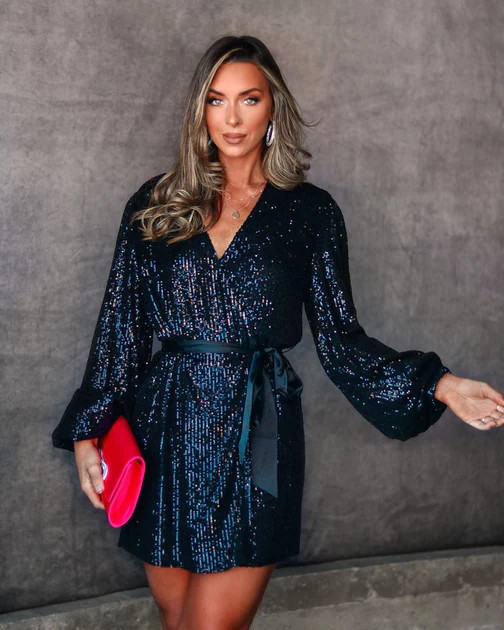 Leave A Little Sparkle Wrap Mini Dress - Black | VICI