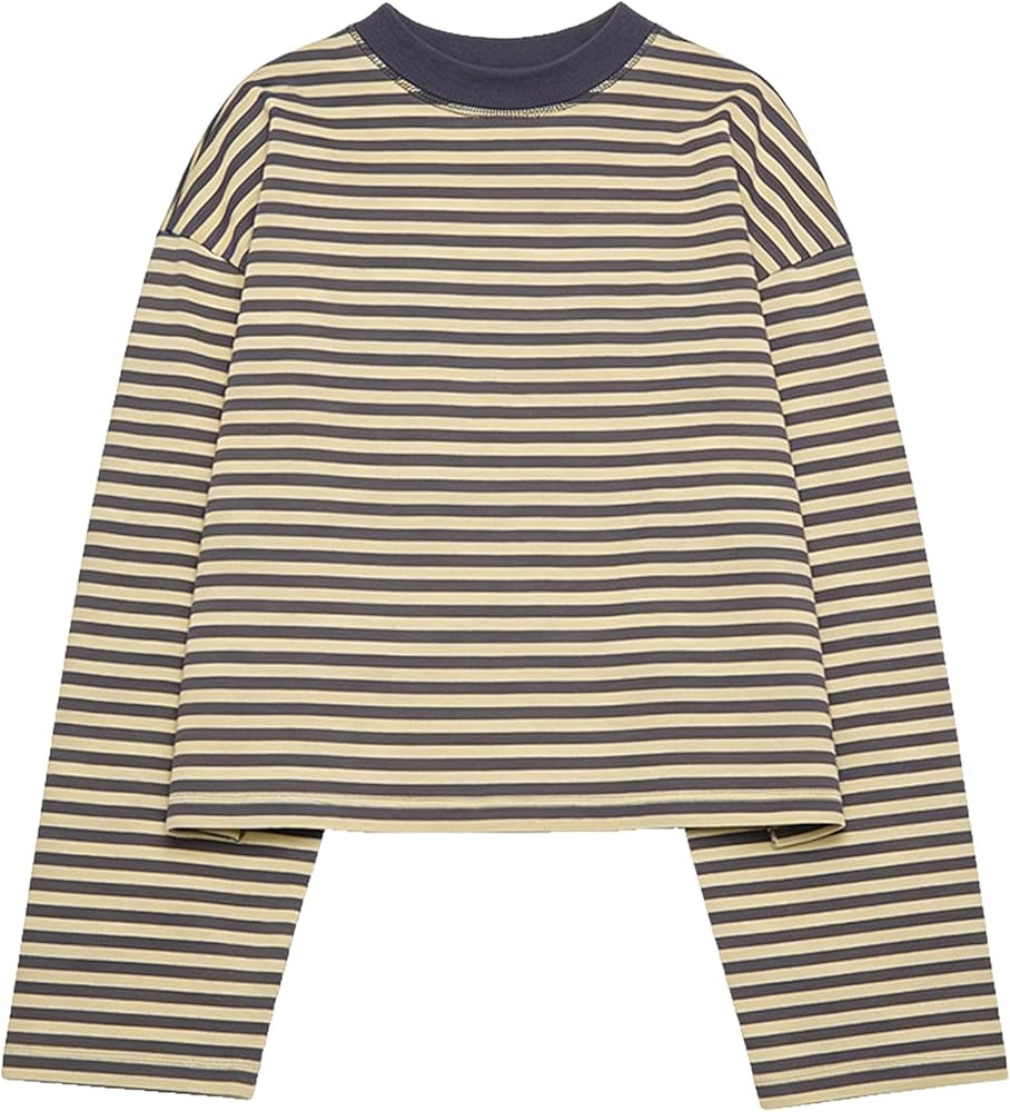 Y2k Womens Striped Cropped Shirt Drop Shoulder Long Sleeve Crewneck Sweatshirt Fairy Grunge Sweat... | Amazon (US)