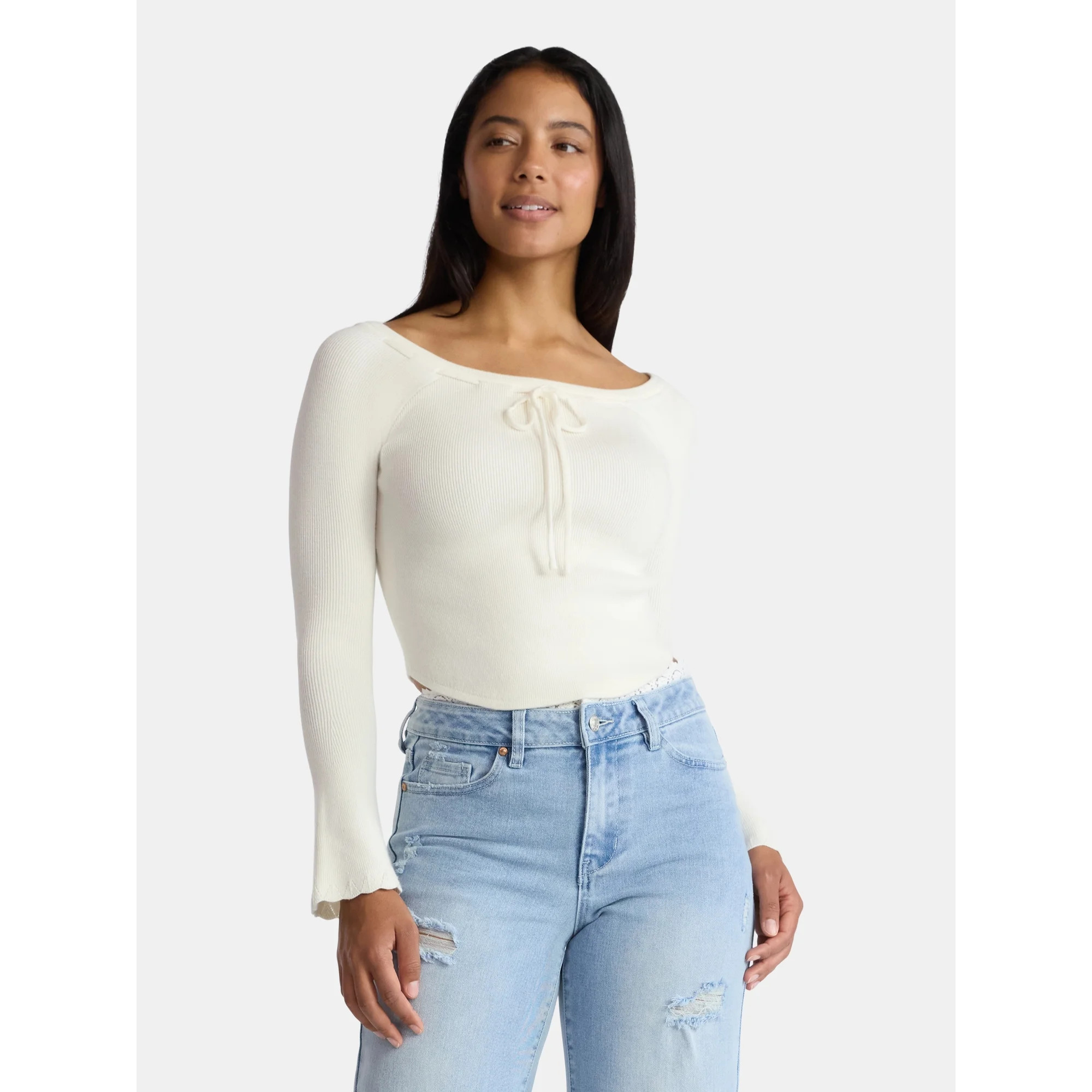 Madden NYC Women's Ribbon Top with Long Sleeves, Sizes XXS-XXL | Walmart (US)