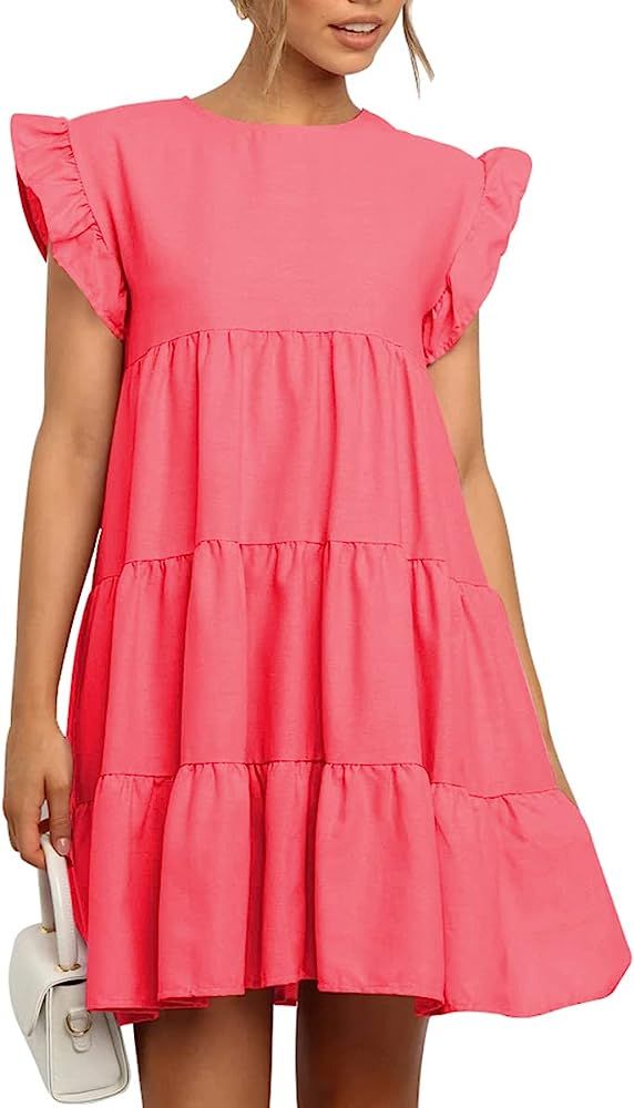 Amazon.com: IHOT Modest Dress for Women Babydoll Ruffle Sleeveless Crew Neck A Line Swing Daily D... | Amazon (US)