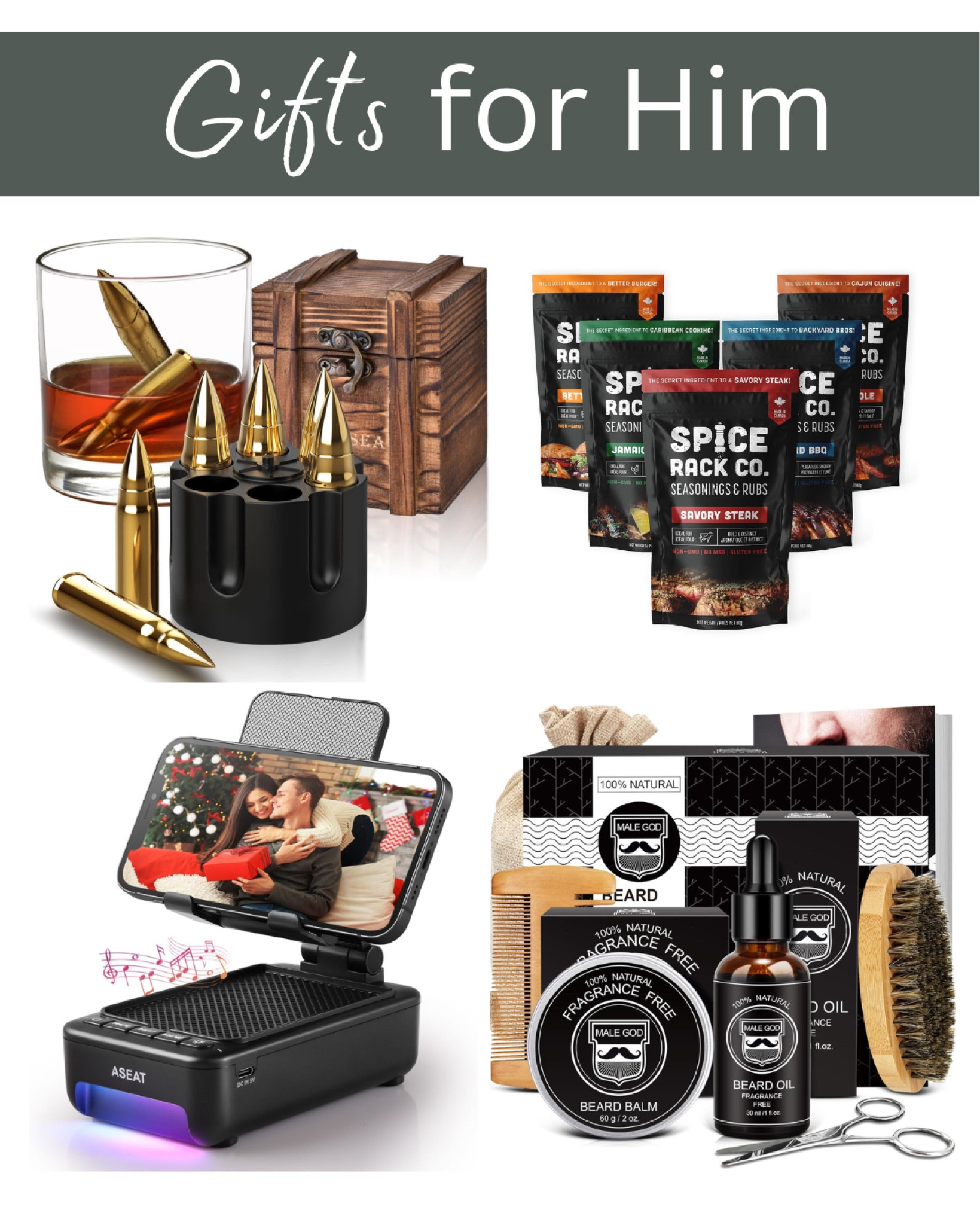 Gifts for him, whiskey stones, beard kit, BBQ spices, cell phone stand with blue tooth speaker 

#LTKGiftGuide #LTKHoliday #LTKFindsUnder50
