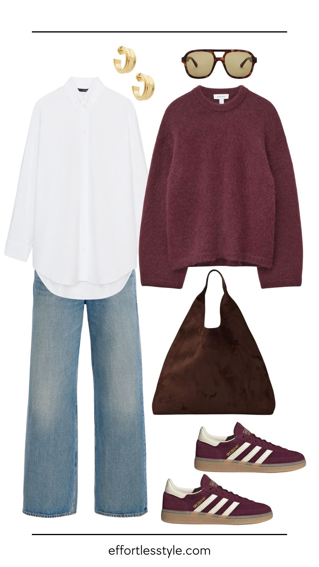 There’s something so effortlessly chic about pairing a cozy burgundy sweater with a crisp white button-down. It’s relaxed but still put-together—the kind of combo that works for coffee runs or casual Fridays. Straight-leg jeans and coordinating sneakers keep things modern and unfussy, while the chocolate brown tote adds just the right amount of warmth. A deep burgundy pop instantly refreshes your fall look without feeling overdone.



#LTKSeasonal #LTKBeauty #LTKgrwm