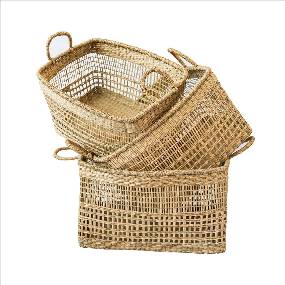 LiLaCraft Set of 3 Floppy Rectangular Seagrass Baskets, Natural Woven Storage Basket Handicraft, ... | Amazon (US)