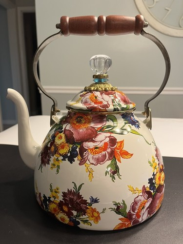 MacKenzie Childs Flower Market White Enamel Floral Tea Kettle Large 3 QT EUC  | eBay | eBay US