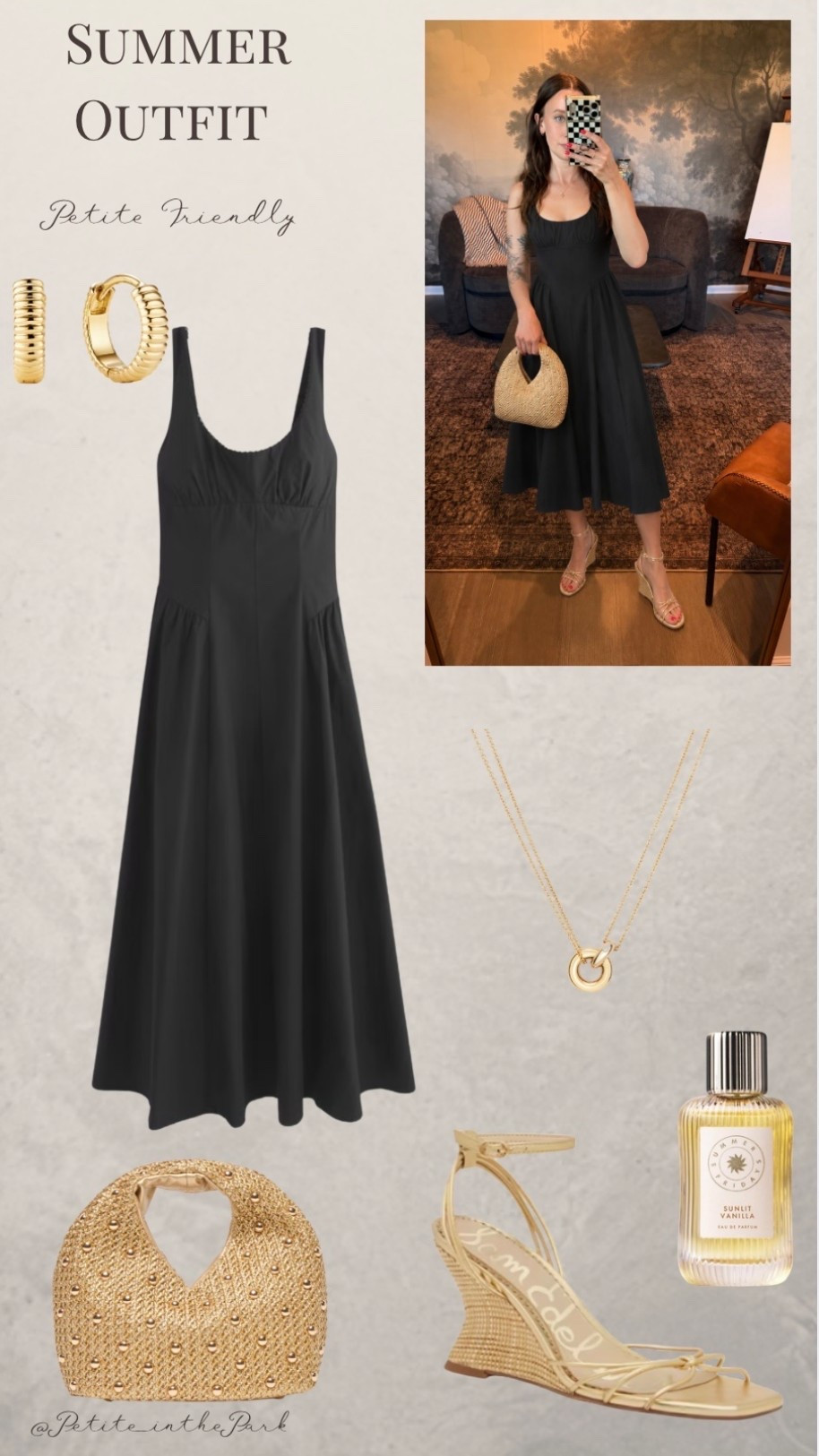Summer petite outfit  

Summer outfit, summer trends, casual summer outfit, petite summer outfit, summer fashion, summer style, petite style, petite summer style, wedding guest, date night,  casual petite outfit, minimal outfit, minimal summer outfit, memorial day outfit, summer dress, petite friendly dress, black dress, midi dress, sandals, wedge sandals, gold sandals, shoulder bag, raffia bag, tan bag, tan purse, gold earrings, gold hoop earrings, gold necklace, minimal jewelry  #casualoutfit #petiteoutifts #summeroutfits #summeroutfit2026 #summertrends

#LTKSeasonal #LTKPetite #LTKootd