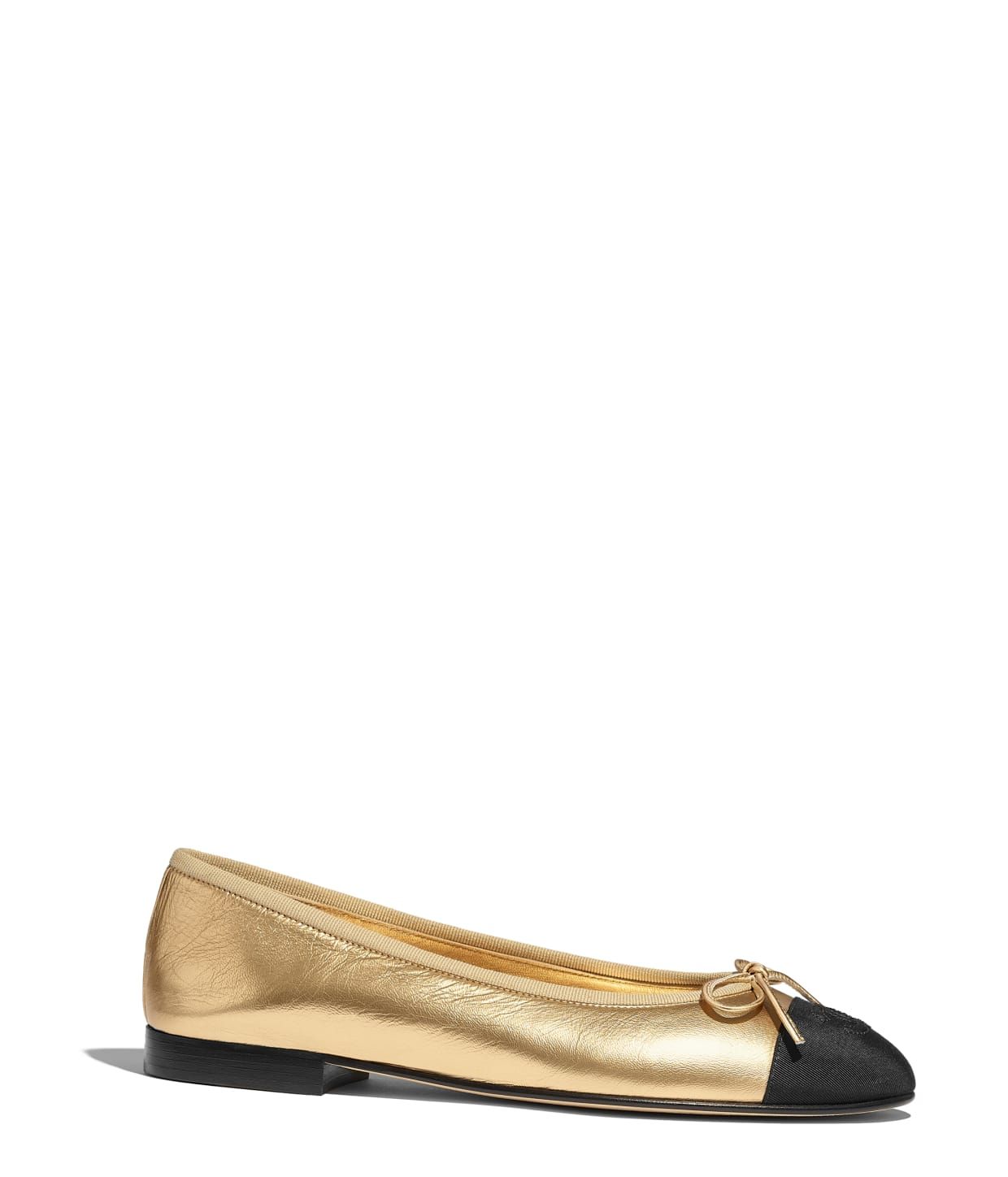 Laminated Lambskin & Grosgrain Gold & Black Ballerinas | CHANEL | Chanel, Inc. (US)