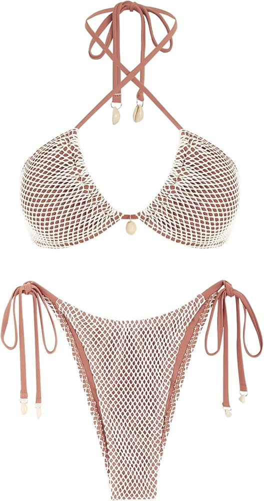 ZAFUL Women's Bikini Set Fishnet Triangle Tie Convertible Collar Halter Bandeau Shell Two Piece B... | Amazon (US)