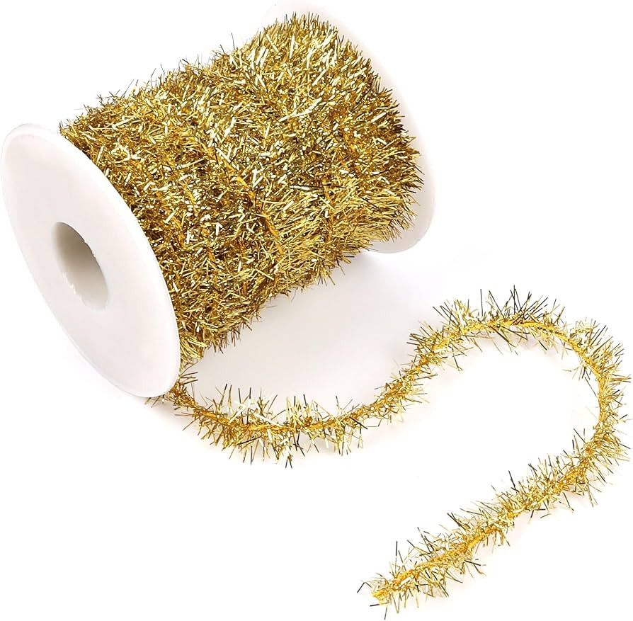 CCINEE Christmas Tinsel Garland, 65.6 FT Gold Glitter Ribbon Metallic Foil Thin Christmas Mini Ga... | Amazon (US)
