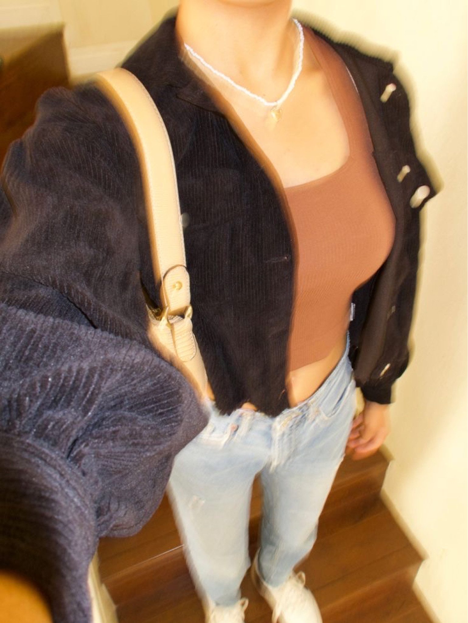 ribbed brown crop tank, black cropped coduroy jacket, bdg jeans, beige snake skin shoulder bag, white pearl gold heart necklace, reebok shoes, fall fashion

#LTKshoecrush #LTKstyletip #LTKitbag