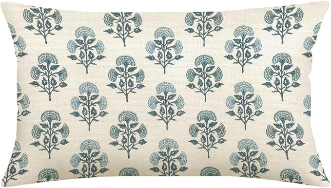 AOFANGGO Blue Floral Pillow Cover 12x20 Block Print Decorative Spring Flowers Seasonal Accent Thr... | Amazon (US)