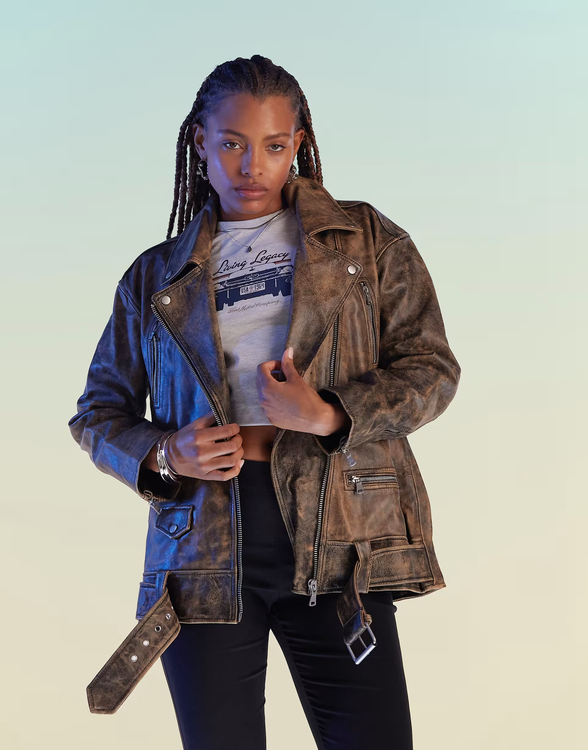 ASOS DESIGN premium washed real leather oversized biker jacket in brown | ASOS (Global)