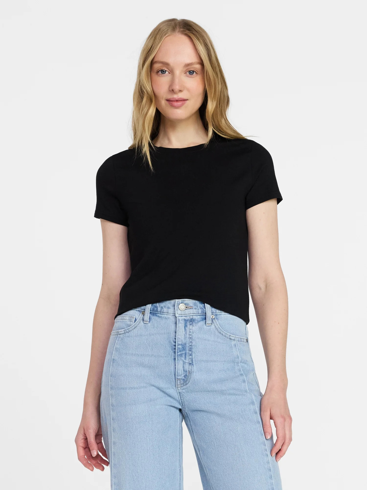 Time and Tru Women's Slim Fit Crewneck Tee with Short Sleeves, Sizes XS-XXXL | Walmart (US)