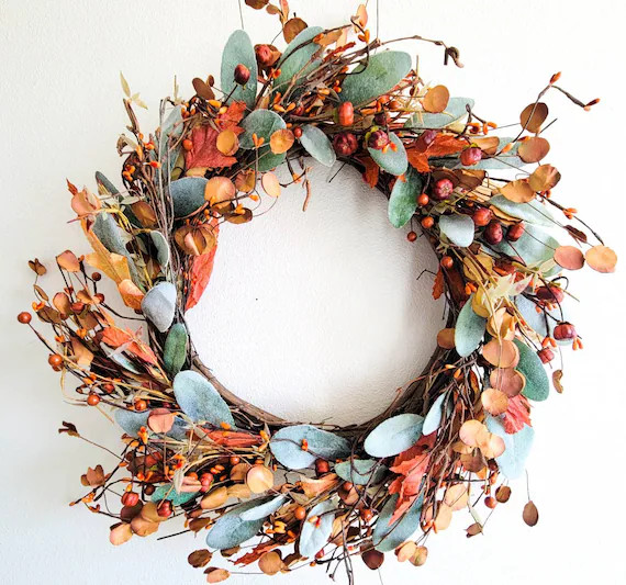 Fall Wreath with Lamb's Ear, 17 inches Fall Farmhouse Wreath, Autumn Wreath, Front Door Wreath, W... | Etsy (US)