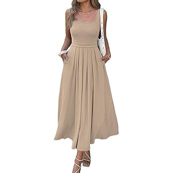 Womens Boho Summer Dresses Casual Maxi Dress with Pockets Square Neck Sleeveless Sundress for Bea... | Amazon (US)