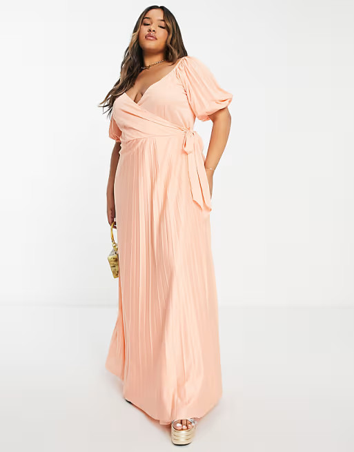ASOS DESIGN Curve puff sleeve gathered front maxi dress in apricot - ORANGE | ASOS (Global)