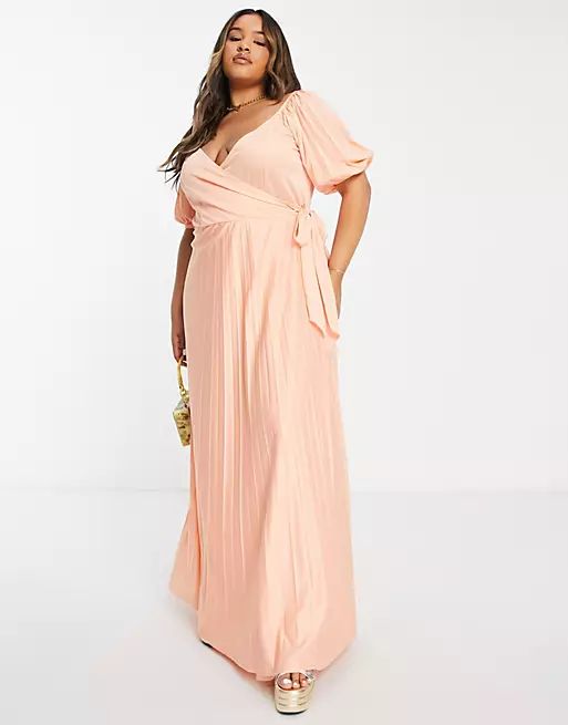 ASOS DESIGN Curve puff sleeve gathered front maxi dress in apricot - ORANGE | ASOS (Global)