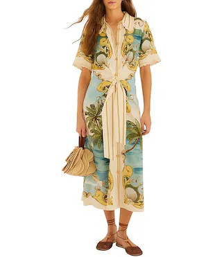 Farm Rio Royal Sea Multicolor Linen Collared Neckline Short Sleeve Button Front Tie-Front Midi Dr... | Dillard's