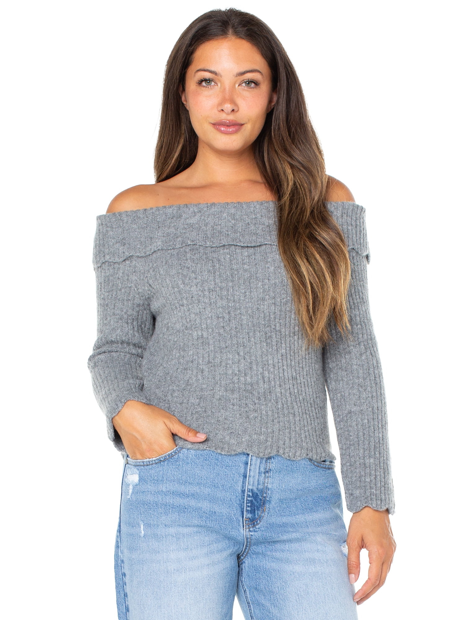 Celebrity Pink Women's Off Shoulder Scalloped Edge Sweater, Sizes XS-XXXL | Walmart (US)