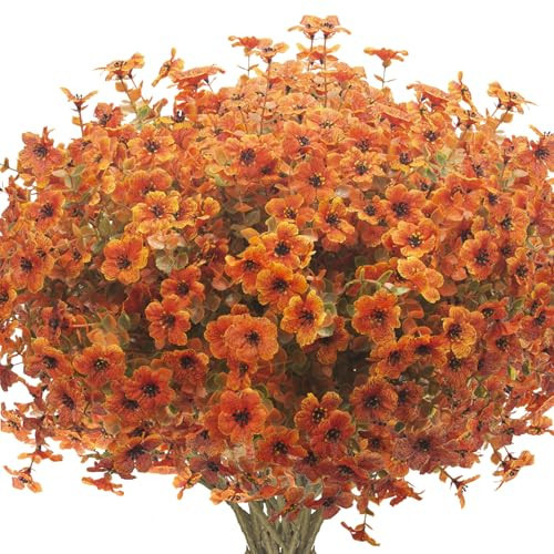 Grunyia 16 Bundles Artificial Fall Flowers for Outdoors Fake Plants UV Resistant Plastic Plants Shrubs Bushes for Home Fall Front Door Porch Garden Autumn Decor (Fall Red) | Amazon (US)