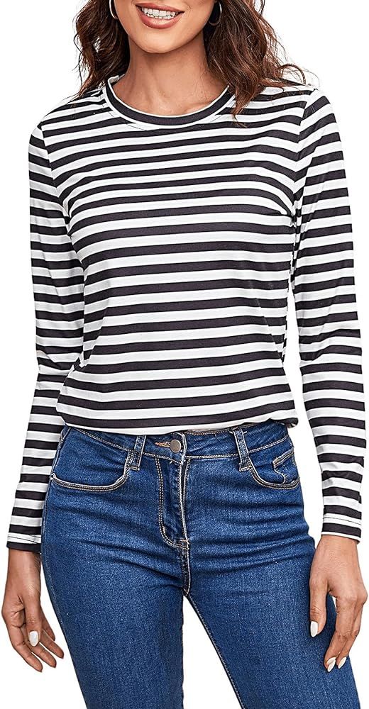 SOLY HUX Women's Striped Long Sleeve Shirts Graphic Print Tees Casual Round Neck T Shirts | Amazon (US)