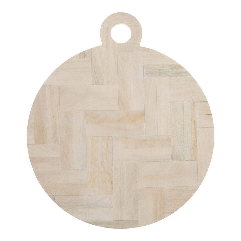 Round Whitewash Mango Wood Herringbone Paddle Serving Board | World Market