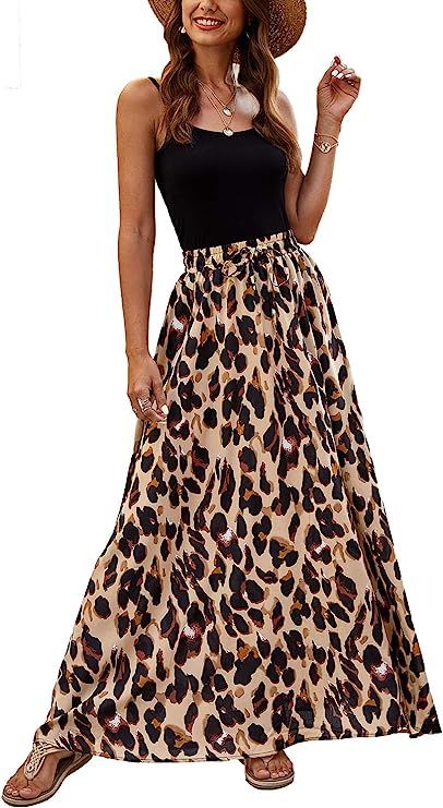 Bluetime Women Leopard Print Long Skirts Chiffon Summer Beach Pleated Elastic High Waisted Maxi S... | Amazon (US)