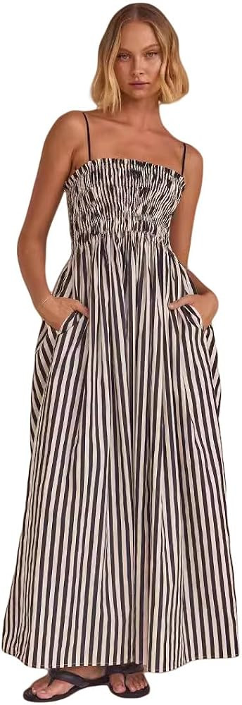 Women Summer Striped Maxi Dress Boho Maxi Cami Dress Spaghetti Strap Cutout Ruffle Aline SunDress | Amazon (US)