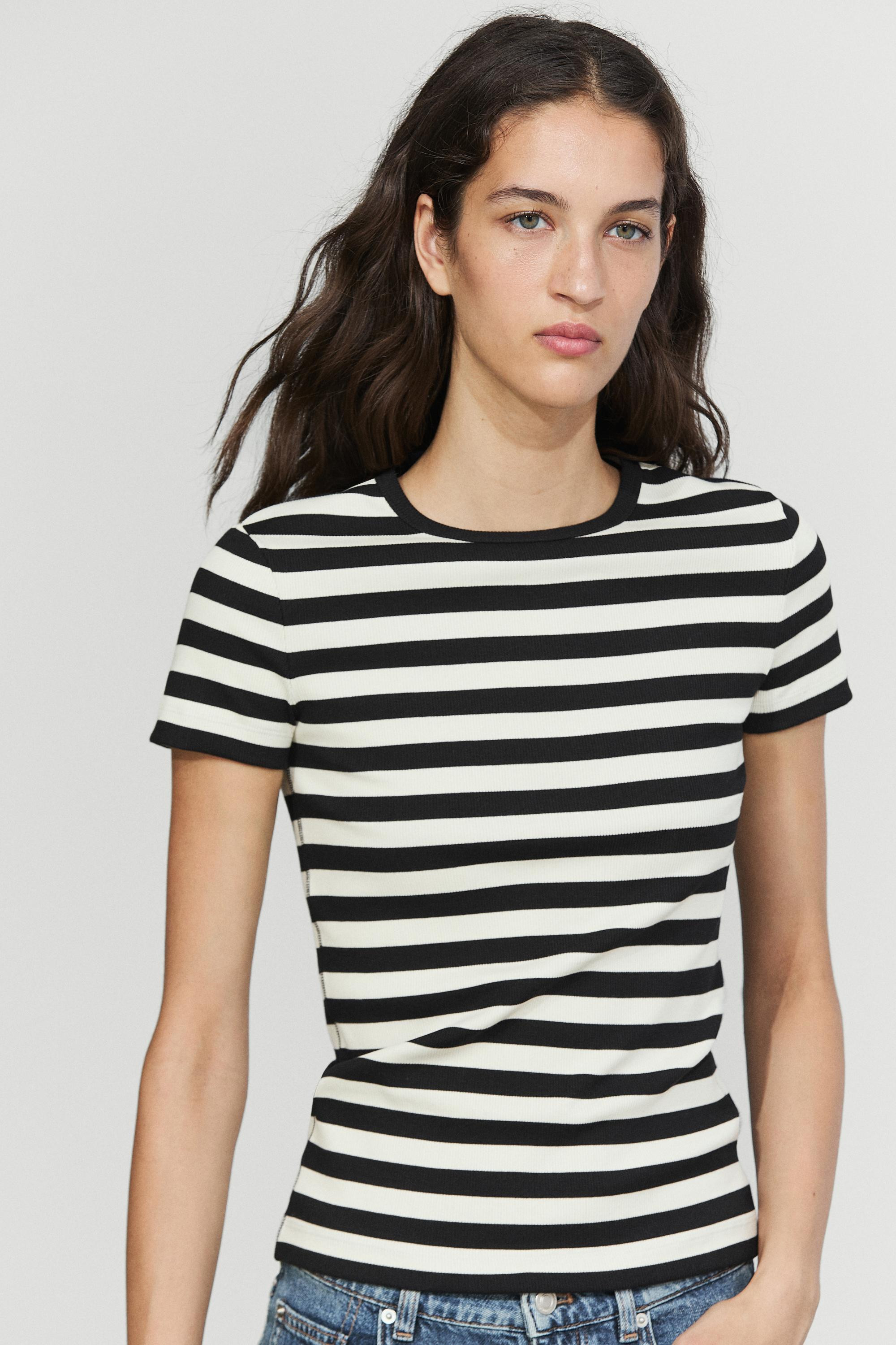 Gestreiftes T-Shirt aus Baumwollmischgewebe | Massimo Dutti DE