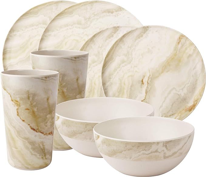 8 Piece Yellow Marble Melamine Dinnerware Set for Adults / Eco Friendly Bamboo Fiber Tableware Se... | Amazon (US)