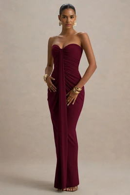 Ali | Burgundy Sweetheart Ruched Wrap Maxi Dress | Club L London