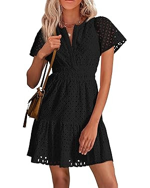 PRETTYGARDEN Womens 2024 Summer Short Dress V Neck Short Sleeve A Line Hollow Out Lace Ruffle Cut... | Amazon (US)