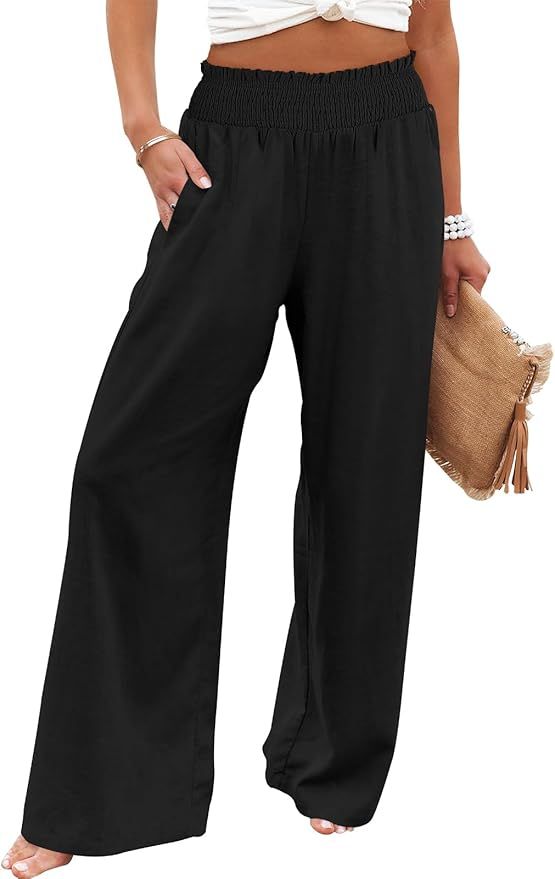 Caracilia Womens Linen Wide Leg Lounge Pants with Pockets Casual Straight Leg High Waisted Flowy ... | Amazon (US)