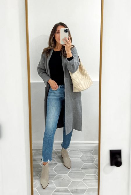 Coatigan runs tts and it’s a wardrobe staple. Jeans are so comfy and in regular rotation. Ribbed long sleeve is a must have - great for layering or on its own.  Tts  