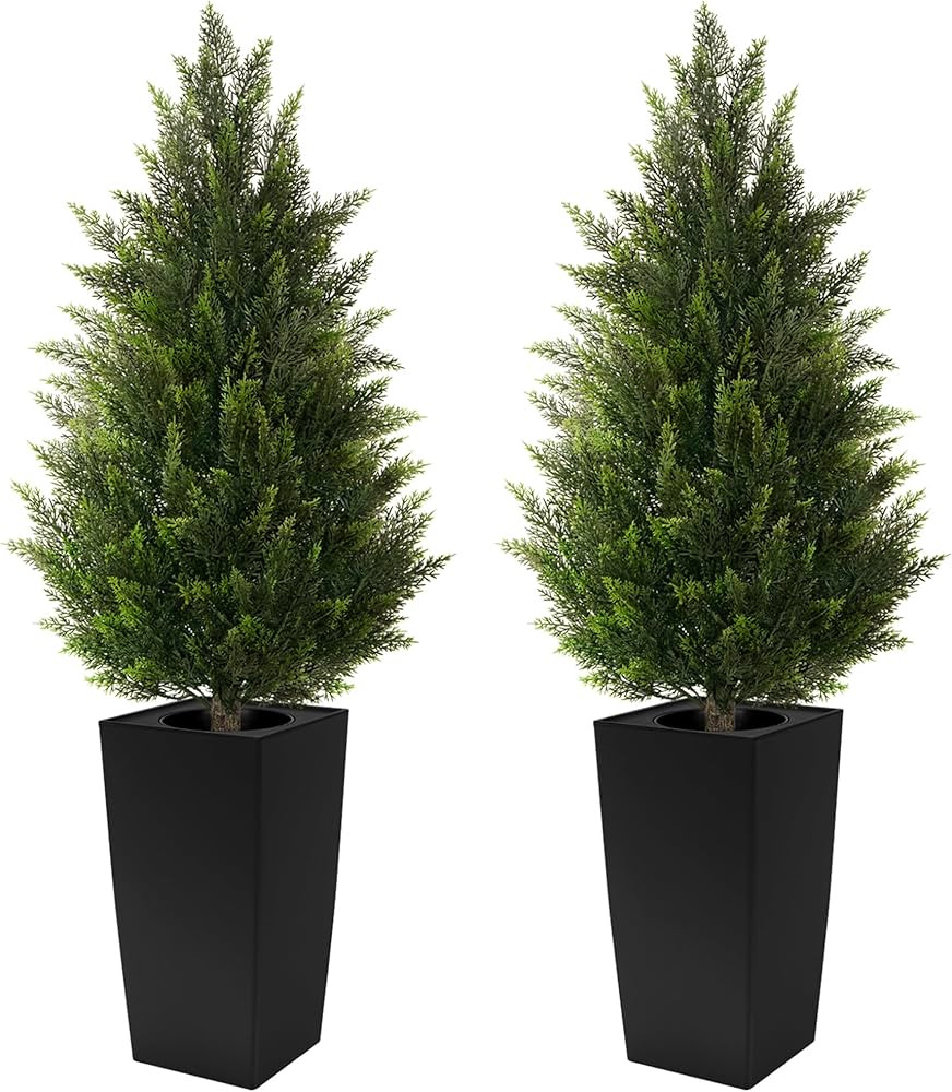 4FT Tall 2 Set Artificial Topiary Cedar Tree, Indoor Realistic Faux Cypress Plants with Square Fl... | Amazon (US)