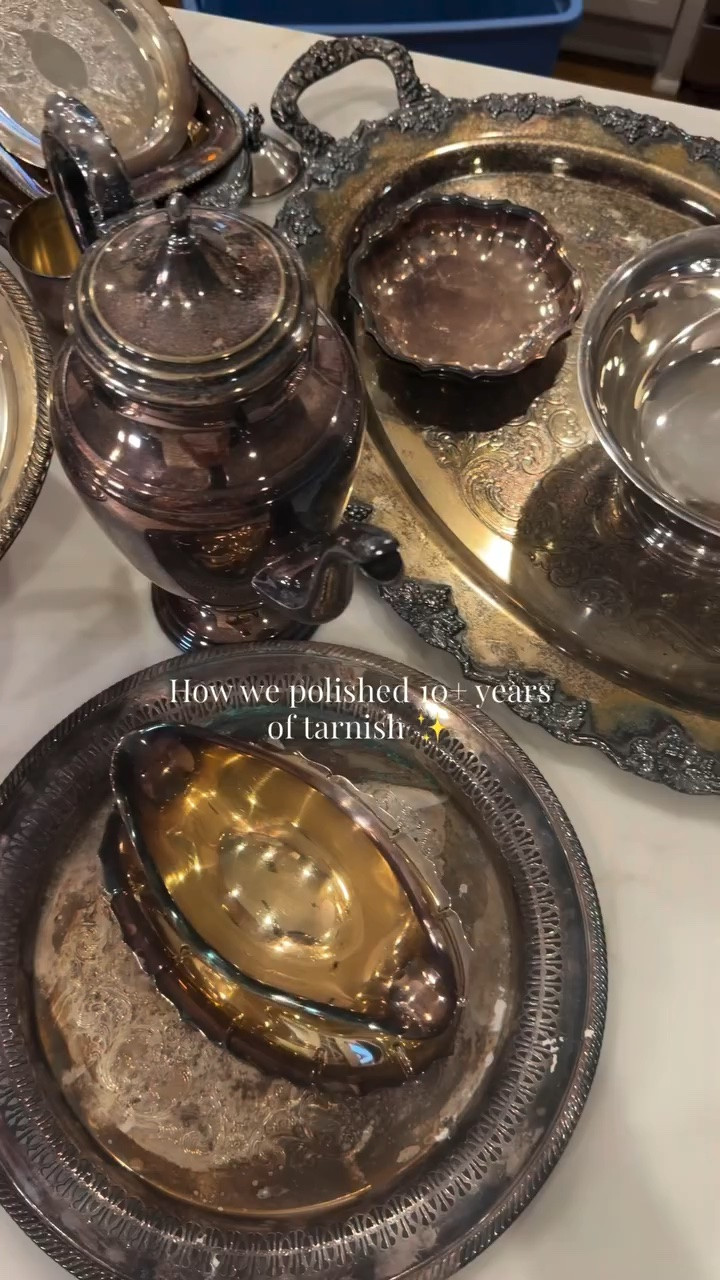 After 10+ years tucked away, Grandma’s silver needed some serious TLC—and thankfully, my Mom Babs was up for the challenge 💪🏼 

We tried two different methods: good old-fashioned silver polish + LOTS of elbow grease, and the aluminum foil, boiling water + salt method.

#LTKdayinmylife #LTKHome #LTKstorytime