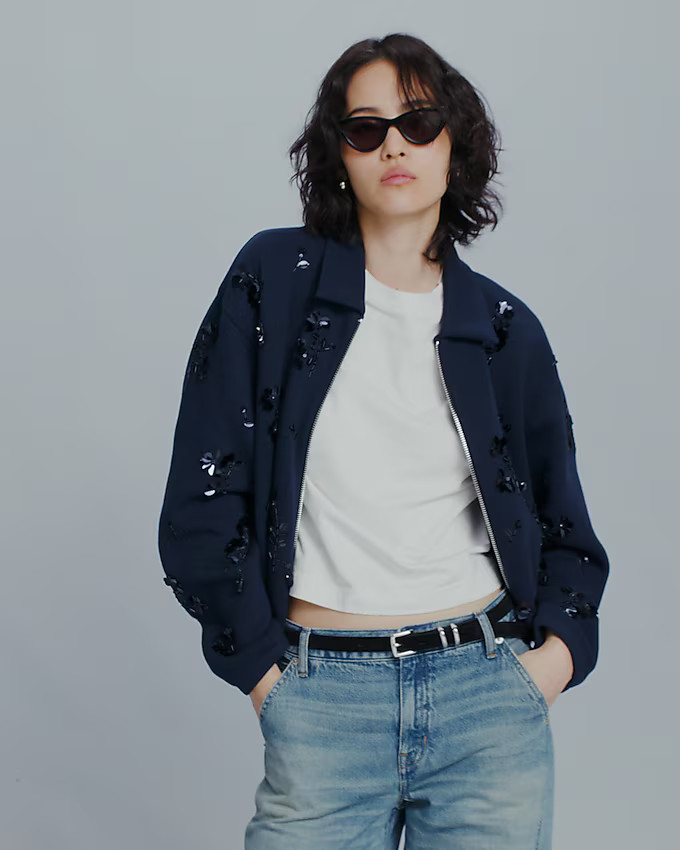 Embellished bomber jacket in heritage fleece | J. Crew US