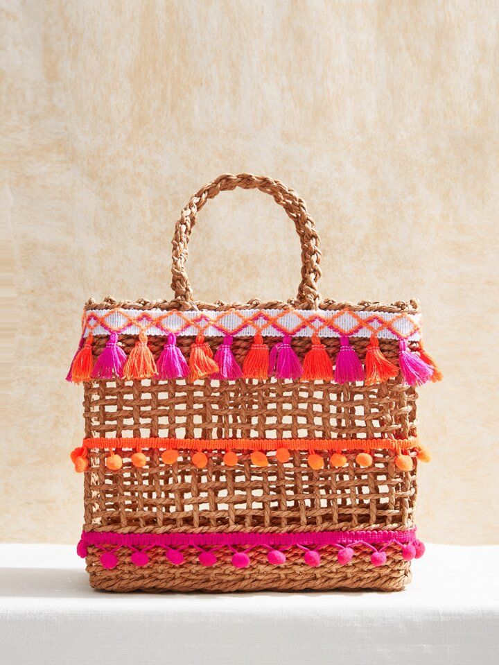 SHEIN VCAY Pom Pom & Tassel Decor Straw Bag,Woven Bag,Perfect For Summer Beach Travel Vacation,Fo... | SHEIN
