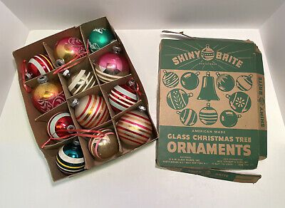 Vintage 12 Assorted Shiny Brite Glass Christmas Tree Ornaments Striped Balls Box | eBay US